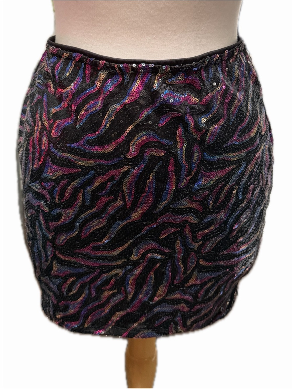Black Sequin Zebra-Print Mini Skirt in Iridescent Purple and Pink